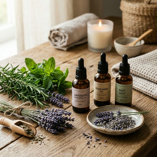 Botellas de aceites e hierbas